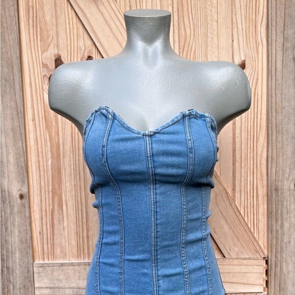 Love 83 Stretch Denim Strapless Corset Flare Bell Bottom Jumpsuit~M~ - Picture 2 of 6